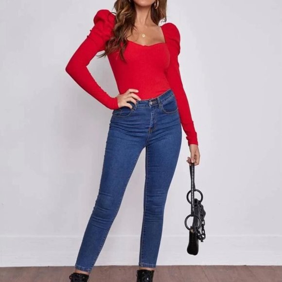 Red Square Neck Leg-of-Mutton Sleeve Top Long Sleeve Women's T-Shirt - Picture 4 of 5